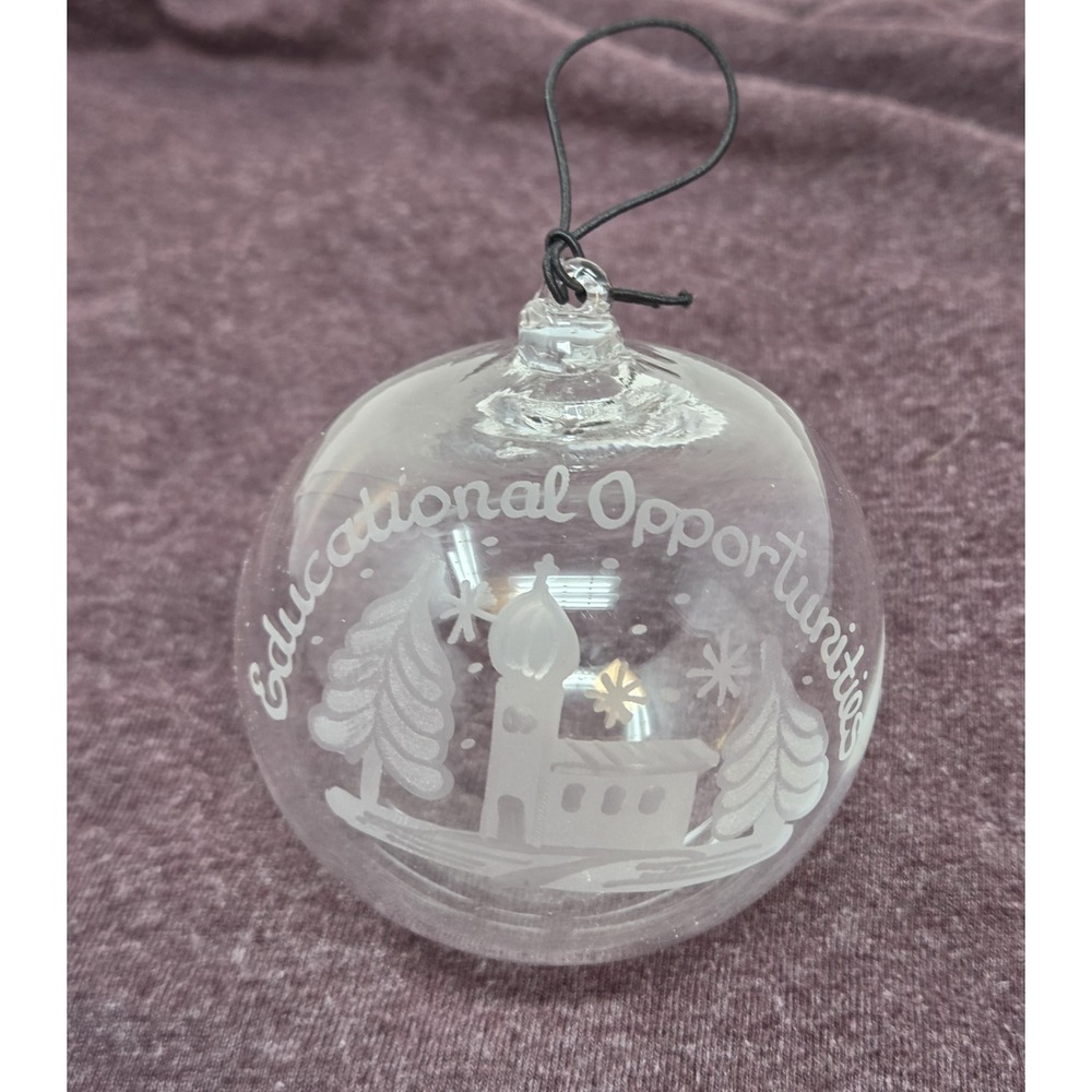 Clear Glass Ball Ornament Etched Church Chapel Pine Trees Snowflakes Christmas